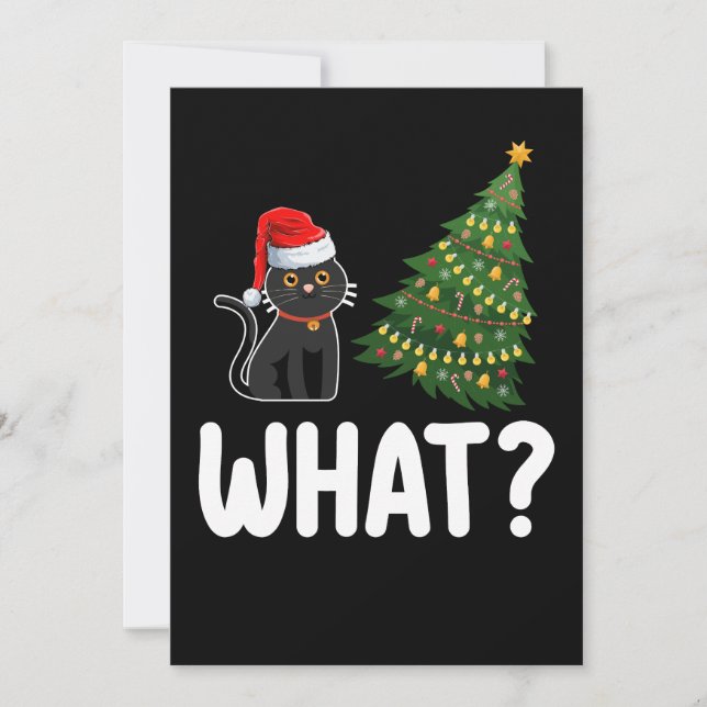Black Cat What Pushing Christmas Tree Funny Invitation (Front)