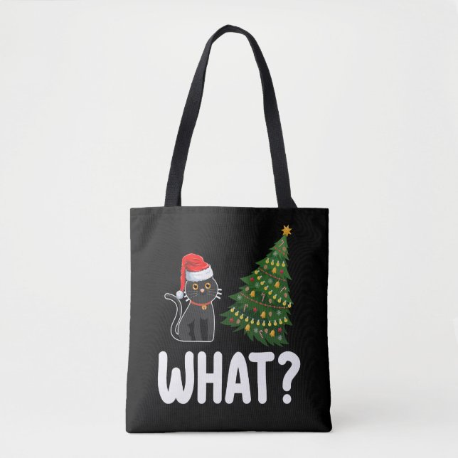 Black Cat What Pushing Christmas Tree Funny Tote Bag (Front)