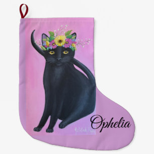 Black Cat Whimsical Art Large Christmas Stocking