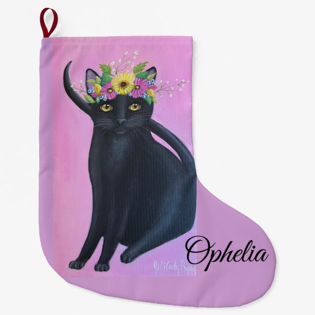 Black Cat Whimsical Art Large Christmas Stocking (Front)