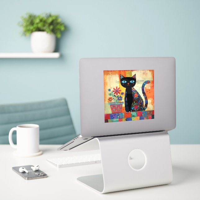 Black Cat Whimsical Artwork (Laptop On Desk)