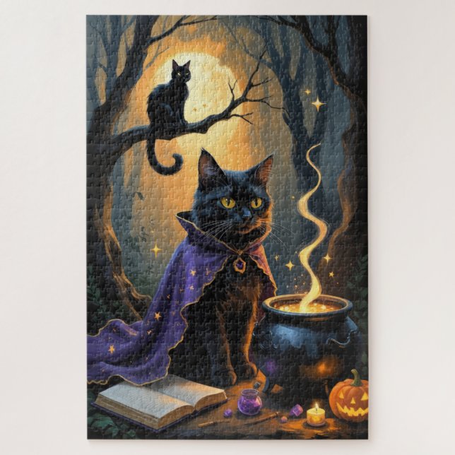 Black Cat Whimsical Halloween Painting Jigsaw Puzzle (Vertical)
