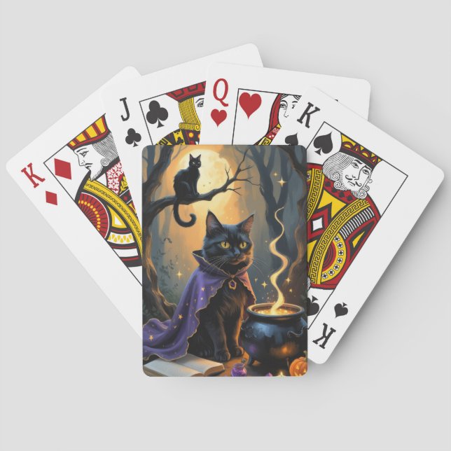 Black Cat Whimsical Halloween Painting Playing Cards (Back)