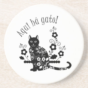Black cat white flowers Aqui há gato! Coaster