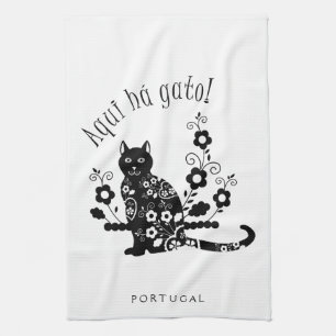 Black cat white flowers Aqui há gato! Drawstring B Tea Towel