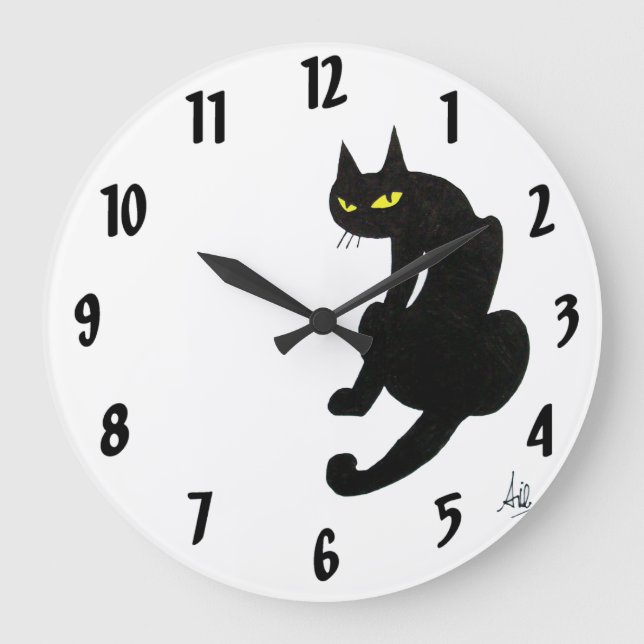 BLACK CAT  white Large Clock (Front)