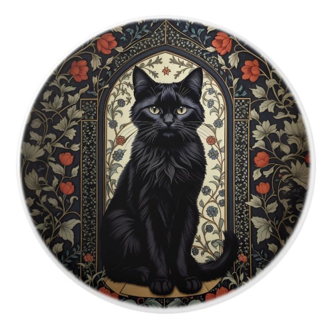 Black Cat William Morris Inspired Ceramic Knob (Front)