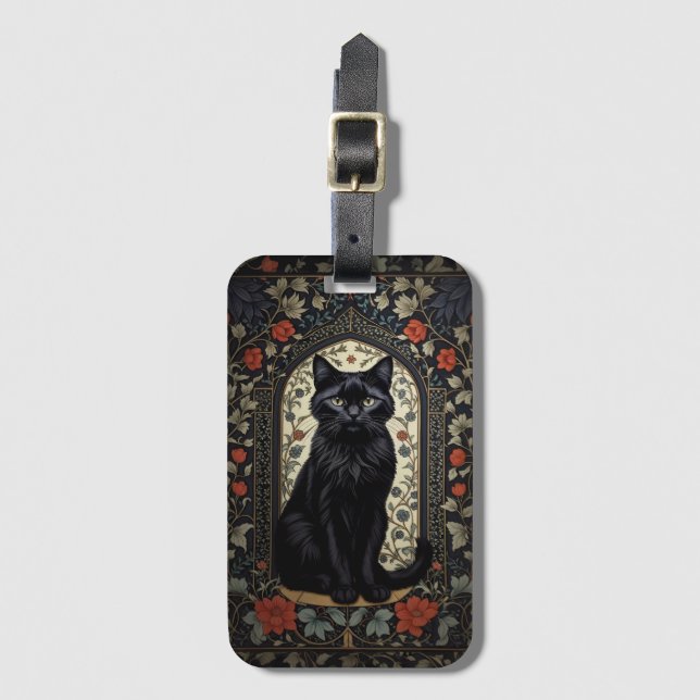 Black Cat William Morris Inspired Luggage Tag (Front Vertical)