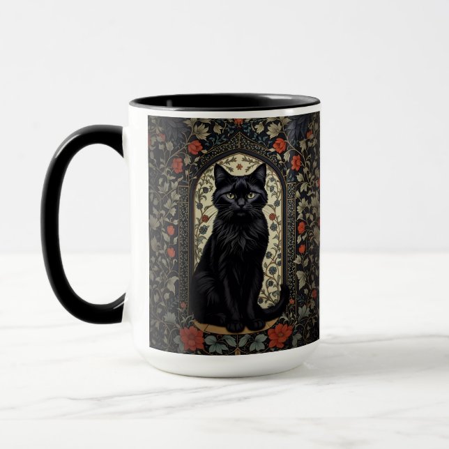 Black Cat William Morris Inspired Mug (Left)