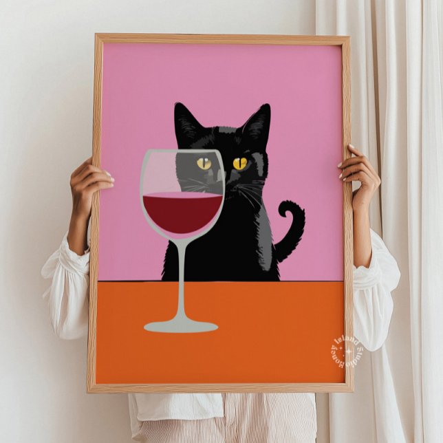 Black Cat Wine Glass Print Poster (black cat wine poster)
