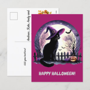 Black Cat Witch and Bats Happy Halloween  Holiday Postcard