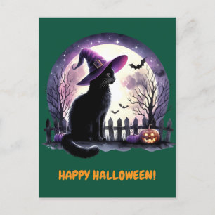 Black Cat Witch and Bats Happy Halloween  Holiday Postcard