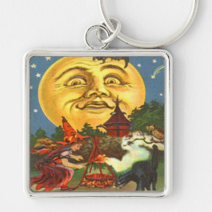 Black Cat Witch Bat Full Moon Key Ring