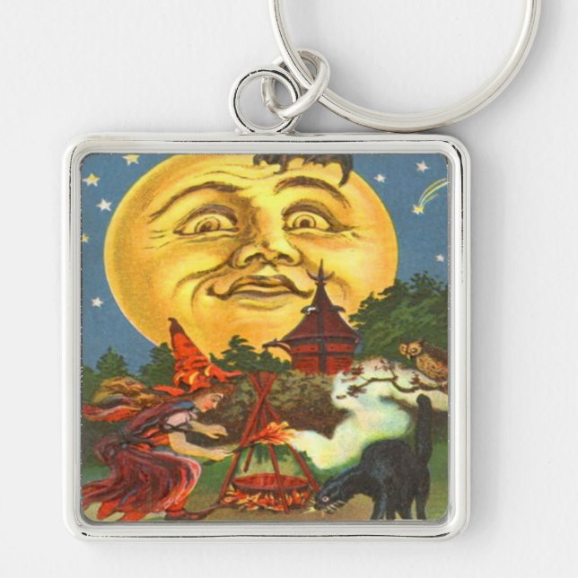 Black Cat Witch Bat Full Moon Key Ring (Front)