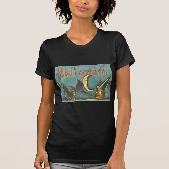 Black Cat Witch Crescent Moon T-Shirt (Front)