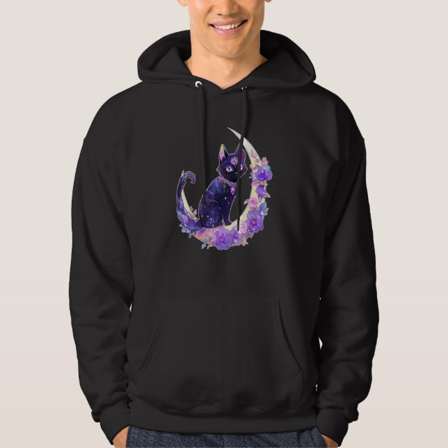 Black Cat Witch Crescent Moon Witchy Crystal Paste Hoodie (Front)
