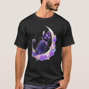 Black Cat Witch Crescent Moon Witchy Crystal Paste T-Shirt