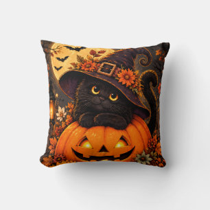 Black Cat Witch Halloween Pumpkin Fall Autumn Cute Cushion