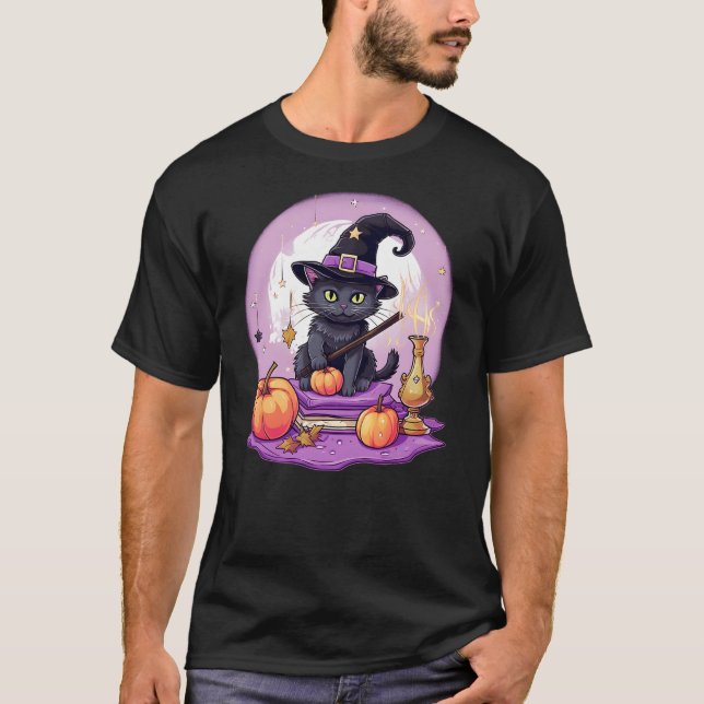 Black Cat Witch Halloween Toddler Girls Womens Moo T-Shirt (Front)