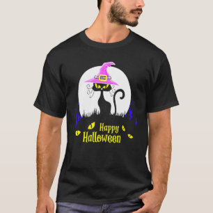 Black Cat Witch Happy Halloween Moon  T-Shirt