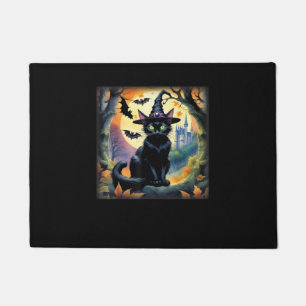 Black Cat Witch Hat Halloween Full Moon Bats Colou Doormat