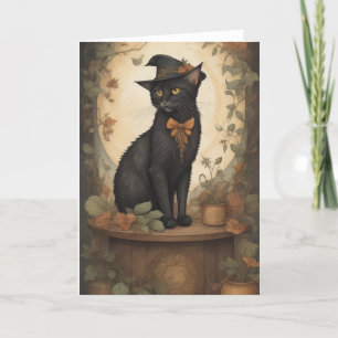 Black cat witch hat Halloween harvest full moon Thank You Card