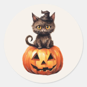 Black Cat Witch Hat Orange Jack O Lantern Pumpkin Classic Round Sticker
