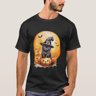 Black Cat Witch Hat Pumpkin For Women Kids Girls H T-Shirt