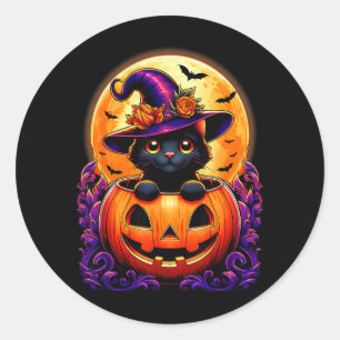 Black Cat Witch Hat Pumpkin Funny Halloween Men Classic Round Sticker