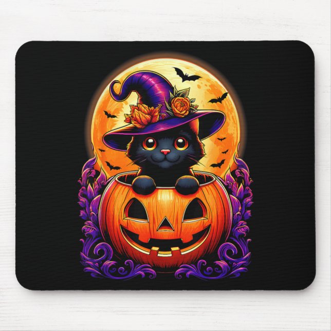 Black Cat Witch Hat Pumpkin Funny Halloween Men Mouse Pad (Front)