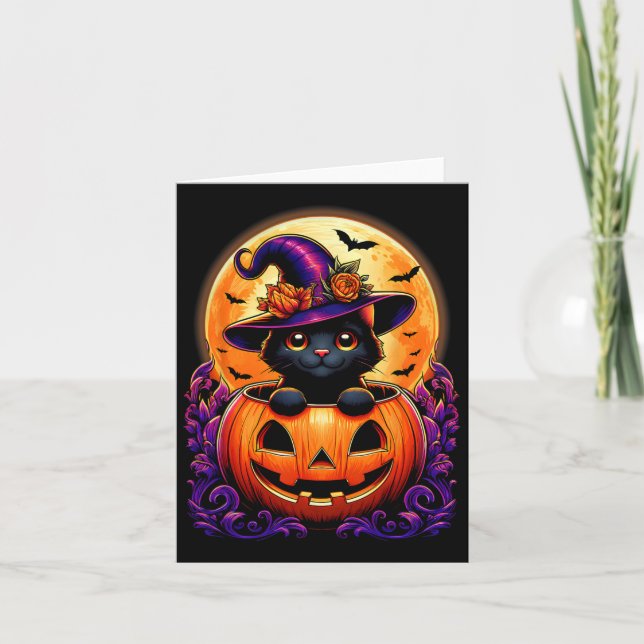 Black Cat Witch Hat Pumpkin Funny Halloween Men Wo Card (Front)