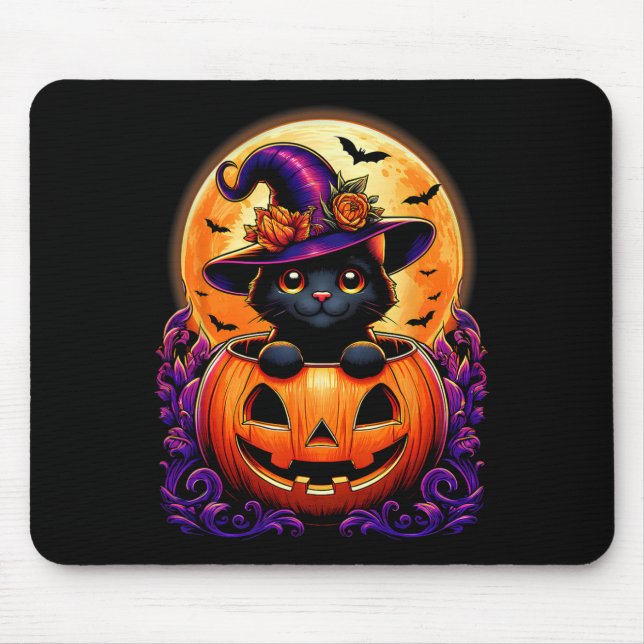 Black Cat Witch Hat Pumpkin Funny Halloween Men Wo Mouse Pad (Front)