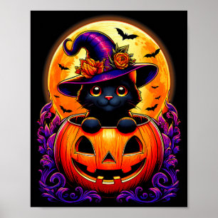 Black Cat Witch Hat Pumpkin Funny Halloween Men Wo Poster