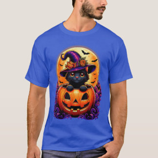 Black Cat Witch Hat Pumpkin Funny Halloween Men Wo T-Shirt