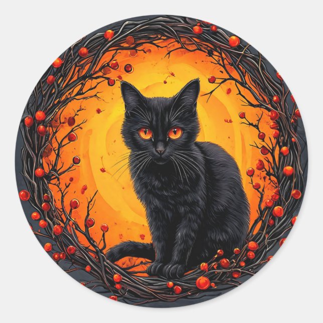 Black Cat Witch Hat Pumpkin Halloween Cute Classic Round Sticker (Front)