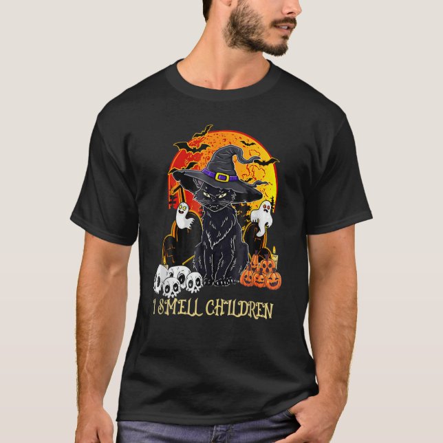 Black Cat Witch I Smell Children Halloween Men Wom T-Shirt (Front)