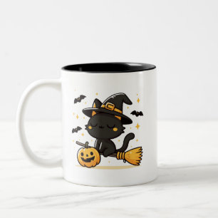 Black Cat Witch on Broomstick & Pumpkin Halloween  Two-Tone Coffee Mug