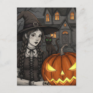 Black Cat Witch Pumpkin Halloween Postcard