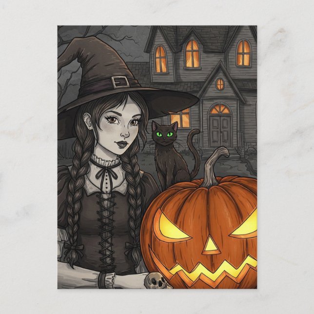 Black Cat Witch Pumpkin Halloween Postcard (Front)