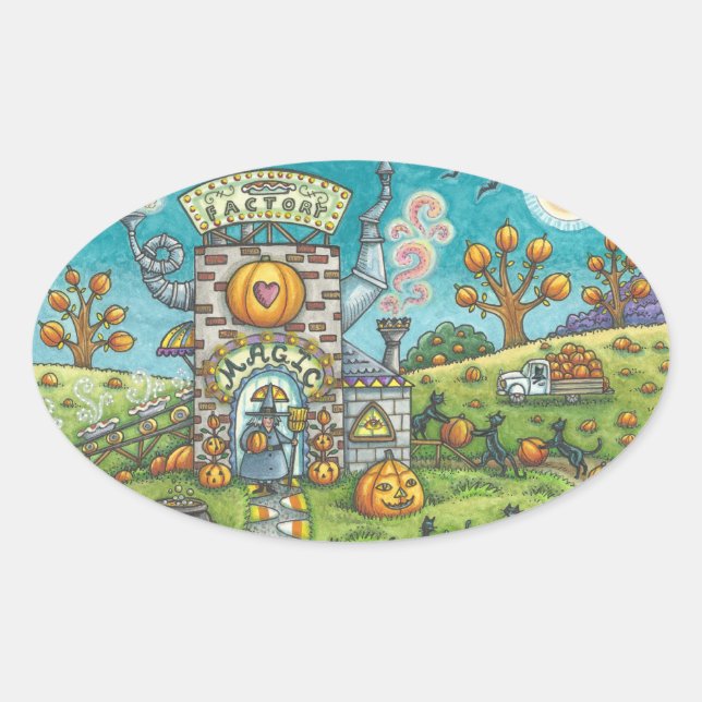 BLACK CAT, WITCH PUMPKIN PIE FACTORY STICKERS Oval (Front)