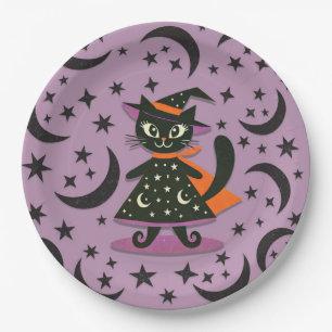 Black Cat Witch Purple Moon Stars Halloween Party  Paper Plate
