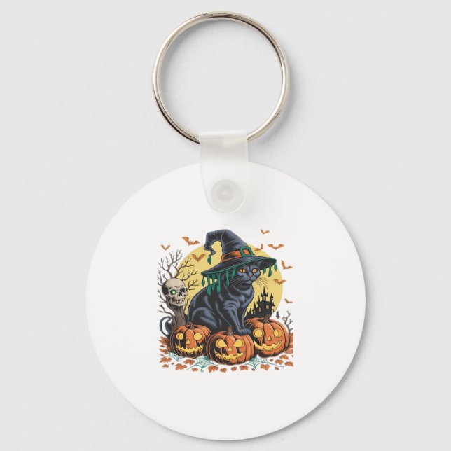 Black Cat Witch Scary Halloween Pumpkin Oversized  Key Ring (Front)