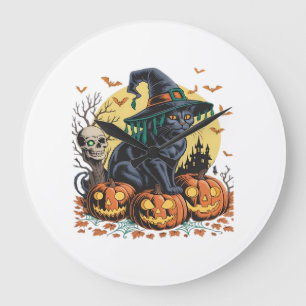 Black Cat Witch Scary Halloween Pumpkin Oversized Large Clock