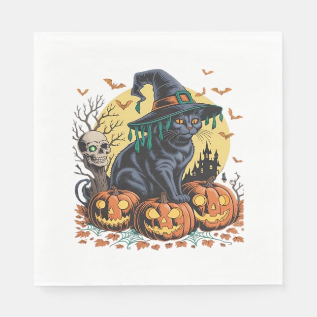 Black Cat Witch Scary Halloween Pumpkin Oversized  Napkin (Front)