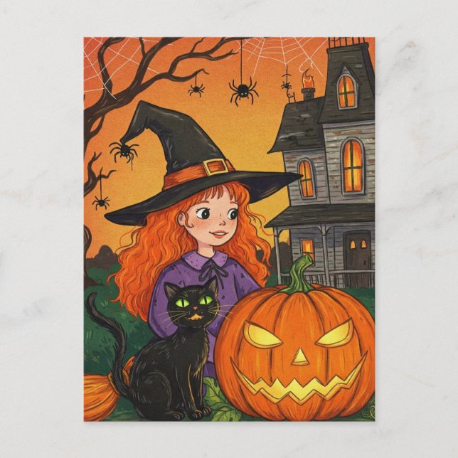 Black Cat Witch Spiders Pumpkin Halloween Postcard (Front)
