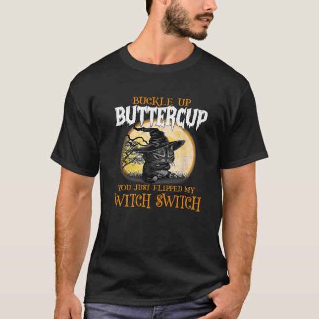 Black Cat Witch Switch Hat Spooky Season Halloween T-Shirt (Front)