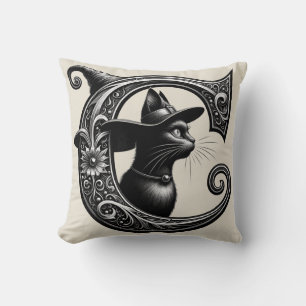 Black Cat Witch Witchy Letter C Custom Initial Cushion