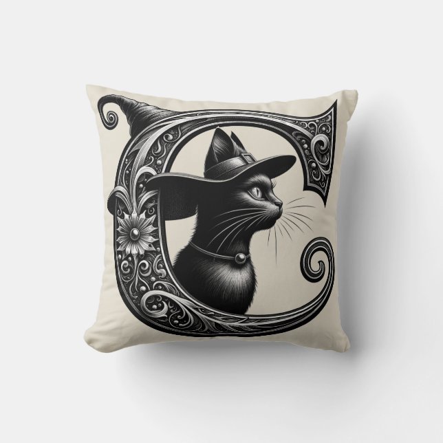 Black Cat Witch Witchy Letter C Custom Initial   Cushion (Front)
