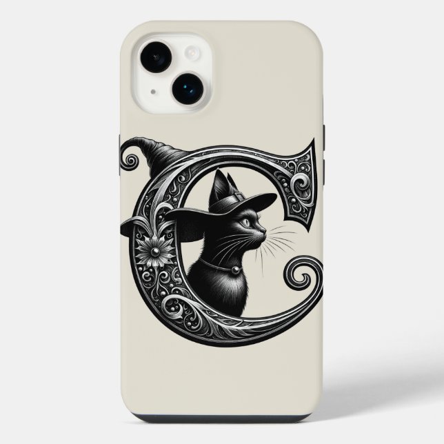 Black Cat Witch Witchy Letter C Custom Initial  iPhone Case (Back)