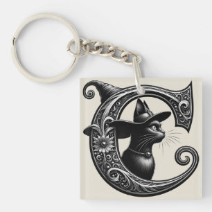 Black Cat Witch Witchy Letter C Custom Initial  Key Ring